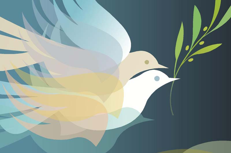 An artistic rendering of two doves holding an olive branch